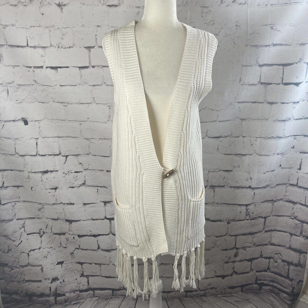 Les Tricots‎ Sweater Womens Large Vest Ivory Fringe Pockets V Neck Cardigan